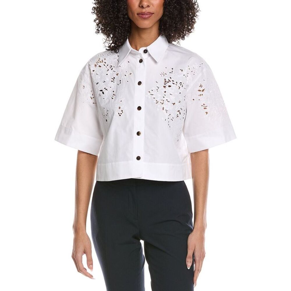 Lafayette 148 New York Womens  Embroidered Button Front Cropped Shirt